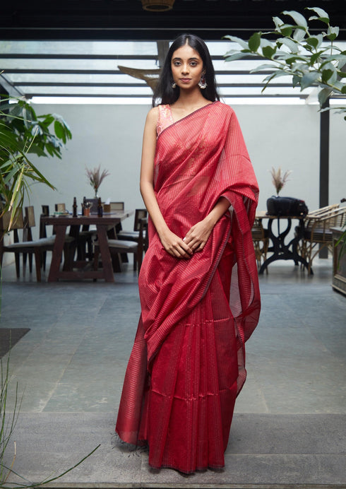 Handwoven Maroon Maheshwari Tissue Saree
